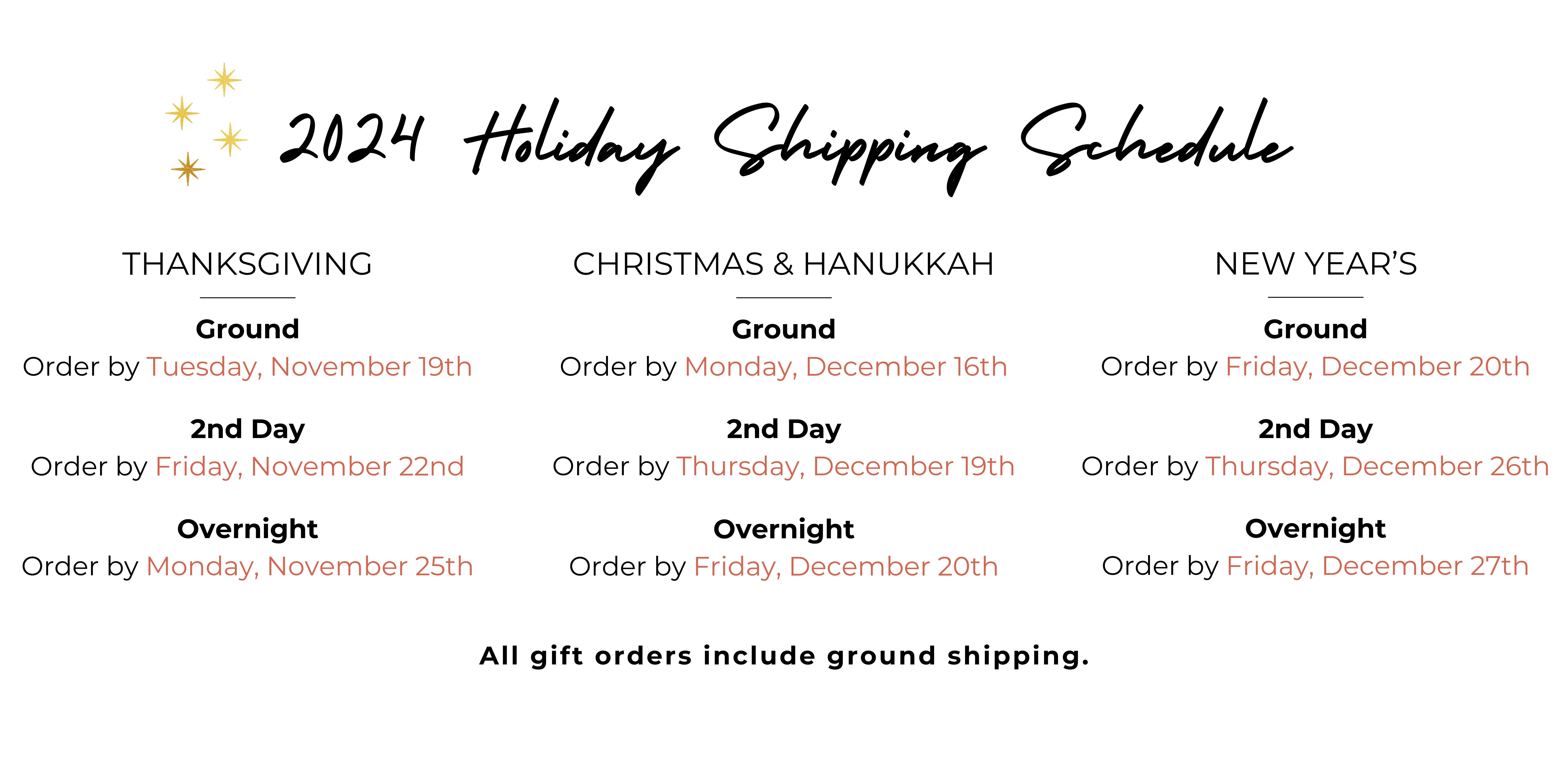 Holiday Shipping Schedule